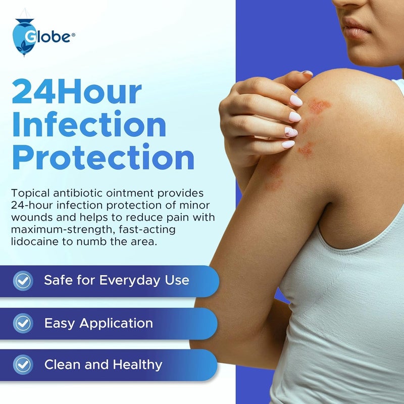 Globe (2 Pack) First Aid Antibiotic Ointment + Lidocaine (1 Oz) Maximum Strength & Fast-Acting Topical Pain Reliever, 24-Hour Infection Protection That Numbs Away The Pain, Bacitracin Zinc., White - Image 5